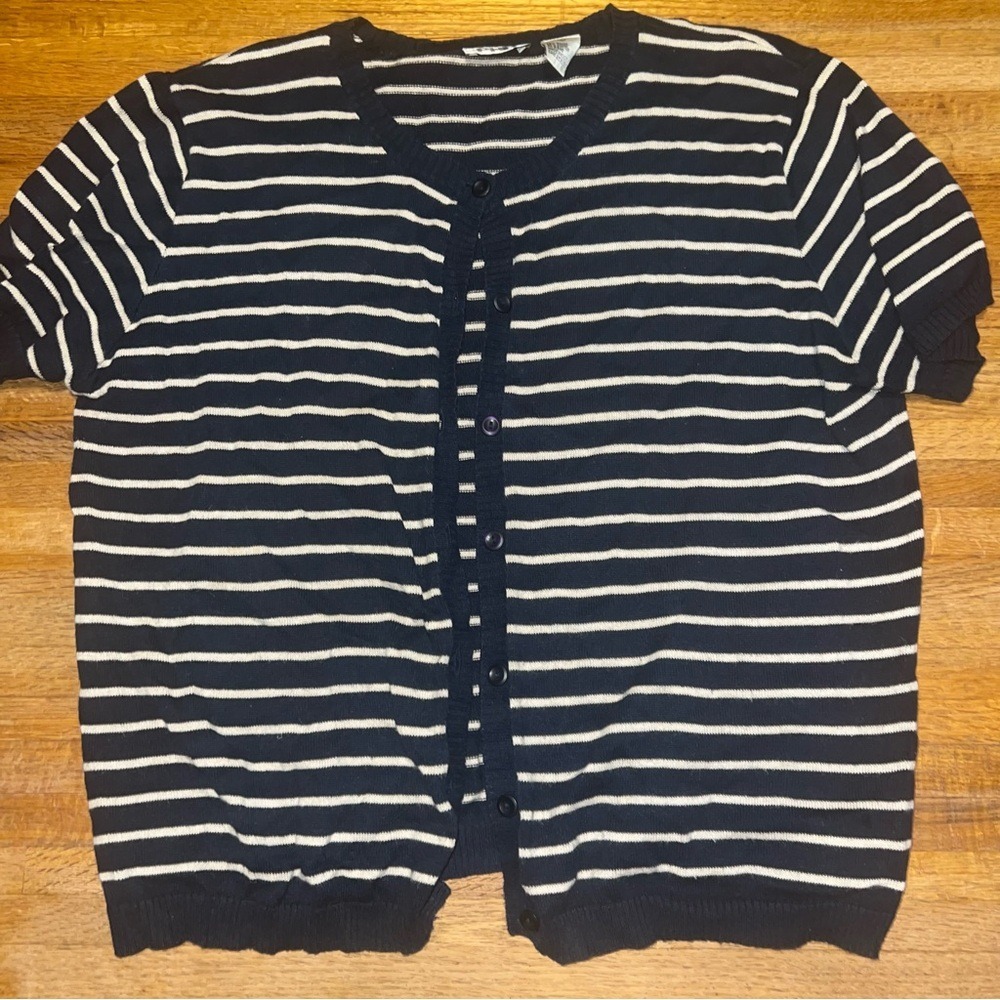 Paul Harris‎ Design Women LG Navy White Knit Button Down Short Sleeve Cardigan